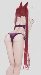 Rule 34 | 1girl, animal ears, ass, back, bare legs, bare shoulders, bikini, cerberus (shingeki no bahamut), facing away, feet out of frame, flying sweatdrops, from behind, grey background, hands up, highres, leaning forward, legs together, long hair, pepeo, purple bikini, red hair, shingeki no bahamut, shoulder blades, side-tie bikini bottom, simple background, solo, standing, straight hair, strapless, strapless bikini, string bikini, swimsuit, twintails, very long hair