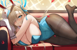 Rule 34 | 1girl, absurdres, animal ears, asuna (blue archive), asuna (bunny) (blue archive), bare shoulders, black pantyhose, blue archive, blue eyes, blue leotard, blue ribbon, blush, breasts, brown hair, card, commentary request, couch, covered navel, elbow gloves, fake animal ears, gloves, hair ornament, hair over one eye, hair ribbon, hairband, halo, highres, holding, holding card, large breasts, leotard, lying, mole, mole on breast, on side, one eye covered, pantyhose, parted lips, petals, playboy bunny, playing card, rabbit ears, ribbon, smile, solo, thighband pantyhose, thighs, udon (udonalium), white gloves, white hairband