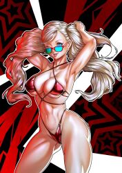 Rule 34 | 1girl, armpits, arms behind head, arms up, bikini, blonde hair, blue eyes, breasts, cleavage, ear piercing, female focus, gluteal fold, highres, large breasts, long hair, looking at viewer, navel, nemodecy, one eye closed, persona, persona 5, piercing, skindentation, solo, sunglasses, swimsuit, takamaki anne, tongue, tongue out, twintails, underboob, wink