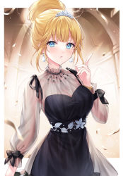 Rule 34 | 1girl, black dress, blonde hair, blue eyes, blush, breasts, cleavage, dress, earrings, hand up, highres, hololive, hololive english, index finger raised, jewelry, long sleeves, medium breasts, parted lips, puffy long sleeves, puffy sleeves, see-through, see-through sleeves, shiao, sidelocks, solo, tiara, virtual youtuber, watson amelia, watson amelia (3rd costume)