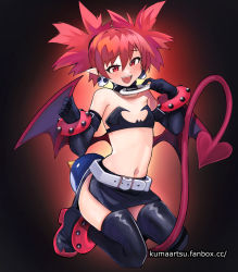 Rule 34 | 1girl, anklet, bad id, bad twitter id, bat wings, black choker, black footwear, black gloves, black skirt, boots, child, choker, commentary, demon girl, demon horns, demon tail, demon wings, disgaea, earrings, elbow gloves, english commentary, etna (disgaea), fangs, flat chest, full body, gloves, horns, jewelry, kneeling, kumaartsu, makai senki disgaea, mini wings, miniskirt, navel, o-ring, o-ring choker, open mouth, pointy ears, prehensile tail, red eyes, red hair, red tail, short twintails, side slit, skirt, skull earrings, solo, strapless, studded anklet, studded bracelet, tail, teeth, thigh boots, thighhighs, twintails, upper teeth only, watermark, web address, wings