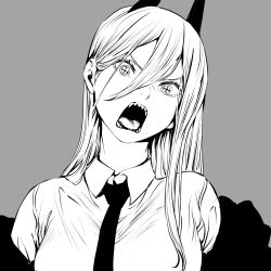 1girl chainsaw_man collared_shirt cross-shaped_pupils grey_background greyscale hair_between_eyes highres horns kurosaki_yo long_hair looking_at_viewer monochrome off_shoulder open_mouth power_(chainsaw_man) sharp_teeth shirt simple_background solo symbol-shaped_pupils teeth