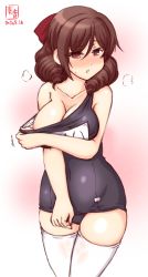 Rule 34 | 1girl, artist logo, black one-piece swimsuit, bow, breasts, brown hair, cleavage, collarbone, commentary request, covered navel, dated, drill hair, gradient background, hair bow, harukaze (kancolle), highres, kanon (kurogane knights), kantai collection, medium breasts, name tag, one-piece swimsuit, red bow, red eyes, revision, school swimsuit, simple background, solo, strap slip, swimsuit, thighhighs, twin drills, white background, white thighhighs