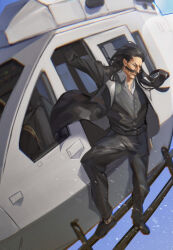 Rule 34 | 1boy, aircraft, arm up, black eyes, black footwear, black jacket, black pants, black suit, black vest, bleach, blue background, buttons, facial hair, formal, full body, furrowed brow, ginyuiti, hair slicked back, helicopter, highres, jacket, long hair, looking down, male focus, mature male, mustache, on vehicle, pants, shoes, solo, splashing, standing, suit, thick mustache, v-shaped eyebrows, vest, water drop, yhwach