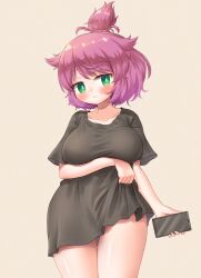 1girl arinu breasts cellphone green_eyes medium_breasts original phone purple_hair solo wide_hips