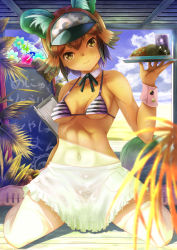 Rule 34 | 10s, 1girl, abs, african wild dog (kemono friends), animal ears, apron, arm behind back, bare arms, bare shoulders, beach, bikini, bikini top only, black hair, blonde hair, breasts, breasts apart, chalkboard, closed mouth, collarbone, day, dekameron, detached collar, dog ears, dog tail, food, full body, hand up, hat, head tilt, highres, holding, holding tray, kemono friends, looking at viewer, menu board, multicolored hair, navel, ocean, outdoors, plate, shoes, short hair, sitting, small breasts, smile, sneakers, solo, stomach, striped bikini, striped bikini top, striped clothes, summer, sweat, swimsuit, tail, thighhighs, tray, two-tone hair, waist apron, waitress, wariza, white thighhighs, wrist cuffs, yellow eyes, zettai ryouiki