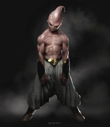Rule 34 | 1boy, abs, artist name, baggy pants, black sclera, colored sclera, colored skin, dragon ball, dragonball z, evil grin, evil smile, full body, grin, highres, majin buu, male focus, muscular, pants, pink eyes, pink skin, realistic, smile, solo, tiago datrinti