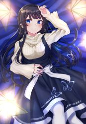 Rule 34 | 1girl, absurdres, bed sheet, black hair, blue eyes, blush, bow, bug, butterfly, from above, highres, idolmaster, idolmaster million live!, insect, kitazawa shiho, kurousagi yuu, long hair, long sleeves, looking at viewer, lying, on back, ribbed sweater, smile, solo, sweater, very long hair, white bow, white legwear, white sweater