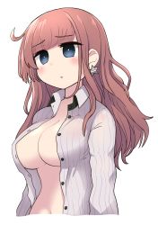 Rule 34 | 1girl, :o, alternate hairstyle, areola slip, atlanta (kancolle), blue eyes, blush, breasts, brown hair, cleavage, collared shirt, earrings, hair down, highres, jewelry, kantai collection, large breasts, long hair, long sleeves, navel, open clothes, open shirt, shirt, simoyuki, simple background, solo, star (symbol), star earrings, unbuttoned, unbuttoned shirt, upper body, white background