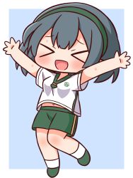 Rule 34 | &gt; &lt;, 1girl, :d, > <, arms up, blue background, blush, breasts, character request, chibi, closed eyes, commentary request, facing viewer, full body, green footwear, green hairband, green shorts, grey hair, gym shirt, gym shorts, gym uniform, hairband, hana kazari, highres, navel, open mouth, outstretched arms, princess connect!, shirt, shoes, short sleeves, shorts, small breasts, smile, socks, solo, two-tone background, white background, white socks, xd