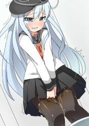 Rule 34 | 1girl, between legs, black hat, black pantyhose, black sailor collar, black skirt, blue eyes, blue hair, blush, clenched teeth, dutch angle, female focus, grey background, half-closed eyes, hand between legs, hat, have to pee, hibiki (kancolle), indoors, kantai collection, long hair, long sleeves, looking down, minamimachi naname, neckerchief, nose blush, own hands together, pantyhose, peeing, peeing self, pleated skirt, red neckerchief, sailor collar, school uniform, serafuku, shirt, skirt, solo, standing, teeth, toilet, trembling, v arms, wet, wet clothes, white shirt