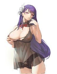 Rule 34 | 1girl, black dress, black panties, cowboy shot, doconim, dress, finger to mouth, flower, genshin impact, hair flower, hair ornament, highres, lingerie, long hair, looking at viewer, mole, mole under eye, nipples, panties, purple eyes, purple hair, raiden shogun, red ribbon, ribbon, see-through, see-through dress, simple background, solo, underwear, white background