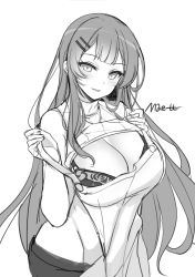 Rule 34 | 1girl, apron, bare arms, bare shoulders, bra, breasts, casual, cleavage, clothes lift, counter:side, greyscale, groin, hair ornament, hairclip, hands up, highres, jaina kropel, large breasts, lifting own clothes, looking at viewer, maett, monochrome, parted lips, ribbed sweater, sleeveless, sleeveless sweater, sleeveless turtleneck, smile, solo, sweater, sweater lift, turtleneck, underwear, upper body