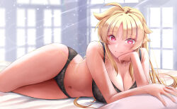 Rule 34 | 1girl, bare shoulders, black bra, black panties, blonde hair, bra, breasts, closed mouth, commentary, fate testarossa, indoors, large breasts, lingerie, long hair, looking at viewer, lying, lyrical nanoha, mahou shoujo lyrical nanoha strikers, navel, on bed, on side, panties, pillow, red eyes, smile, solo, sougetsu izuki, underwear, underwear only, window