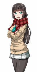 Rule 34 | 10s, 1girl, black hair, black pantyhose, blush, brown coat, coat, crossed arms, green eyes, grey skirt, kurosawa dia, looking at viewer, love live!, love live! sunshine!!, mole, mole under mouth, open mouth, pantyhose, plaid, plaid scarf, red scarf, scarf, simple background, skirt, solo, wavy mouth, white background, yopparai oni