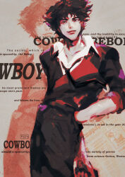 Rule 34 | 1boy, artist name, closed mouth, cowboy bebop, english text, formal, hands in pockets, light smile, lips, looking at viewer, male focus, messy hair, necktie, peachyxin, shirt, spike spiegel, spiked hair, standing