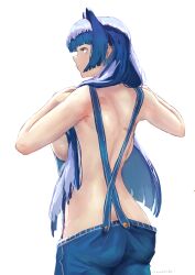 Rule 34 | 1girl, absurdres, ass, backboob, bare back, blue eyes, blue hair, blue overalls, blunt bangs, breasts, cowboy shot, erasorpepero, from behind, hair intakes, highres, hololive, hololive english, large breasts, looking afar, looking to the side, median furrow, naked overalls, official alternate hair length, official alternate hairstyle, ouro kronii, overalls, sidelocks, simple background, solo, topless, virtual youtuber, white background