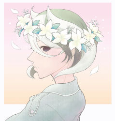 Rule 34 | 1girl, absurdres, bad id, bad pixiv id, black eyes, black hair, flower, from side, hair between eyes, head wreath, highres, jacket, looking at viewer, looking to the side, made in abyss, miya (miyabio), multicolored hair, ozen, parted lips, pink background, simple background, solo, two-tone hair, white hair