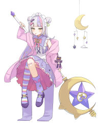 Rule 34 | 1girl, absurdres, asymmetrical legwear, buttons, commentary request, crescent moon, double-breasted, dress, full body, grey hair, hair ornament, hairclip, highres, holding, holding staff, hololive, jacket, long hair, long sleeves, looking at viewer, loose socks, mary janes, mobile, moon, multicolored hair, murasaki shion, murasaki shion (magical girl maid), off shoulder, oisiimizu, orange eyes, pink hair, pink jacket, purple dress, purple footwear, purple hair, purple thighhighs, shoes, simple background, single thighhigh, sleeveless, sleeveless dress, socks, solo, staff, star (symbol), star hair ornament, streaked hair, striped clothes, striped thighhighs, thighhighs, tongue, tongue out, virtual youtuber, white background