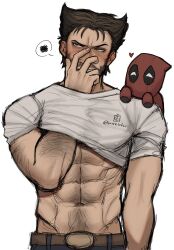 2boys abs arm_hair beard blue_pants blush brown_hair chibi clothes_lift commentary covered_erect_nipples covering_own_mouth deadpool deadpool_&amp;_wolverine deadpool_(series) english_commentary facial_hair full-face_blush guilty_challenge_(meme) hairy hand_over_own_mouth hand_under_clothes hand_under_shirt heart highres male_focus marvel marvel_cinematic_universe mask meme multiple_boys muscular muscular_male navel pants pectorals rei_(bureichi) shirt shirt_lift short_hair spoken_squiggle squiggle stomach teeth white_shirt wolverine_(x-men) x-men yaoi