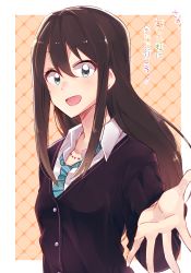 Rule 34 | 10s, 1girl, 6 (yuchae), brown hair, facing viewer, green eyes, hair between eyes, idolmaster, idolmaster cinderella girls, jewelry, long hair, looking at viewer, necklace, necktie, open mouth, outstretched hand, shibuya rin, solo, translation request, upper body
