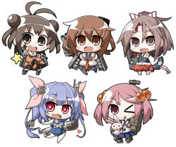 Rule 34 | &gt; o, 10s, 5girls, :&lt;, :3, :d, :p, ahoge, akaneya, bad id, bad pixiv id, blue eyes, breasts, brown eyes, brown gloves, brown hair, carrying, carrying under arm, chibi, clenched hands, double bun, fang, fingerless gloves, gloves, hair bobbles, hair bun, hair ornament, hairclip, headband, heart, i-19 (kancolle), ikazuchi (kancolle), kantai collection, long hair, machinery, medium breasts, multiple girls, naka (kancolle), one eye closed, open mouth, pantyhose, ponytail, rabbit, sazanami (kancolle), school swimsuit, school uniform, serafuku, short hair, simple background, single hair bun, smile, star-shaped pupils, star (symbol), swimsuit, symbol-shaped pupils, tongue, tongue out, torpedo, twintails, v, white background, zuihou (kancolle)
