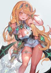 Rule 34 | 1girl, blonde hair, breasts, chest jewel, cleavage, cleavage cutout, clothing cutout, commentary request, gem, grey background, headpiece, holding, holding weapon, large breasts, bridal garter, long hair, looking at viewer, mythra (xenoblade), open mouth, simple background, solo, standing, teeth, upper teeth only, voruvoru, weapon, xenoblade chronicles (series), xenoblade chronicles 2, yellow eyes