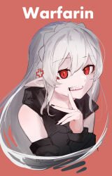 Rule 34 | 1girl, ao oni (onioni-aoi), arknights, bare shoulders, black hoodie, black nails, black sleeves, character name, commentary, cropped torso, cross, detached sleeves, fingernails, greek cross, grey hair, hair between eyes, hair ornament, hand up, highres, hood, hood down, hoodie, long hair, long sleeves, looking at viewer, mouth pull, nail polish, orange background, pointy ears, red eyes, simple background, sketch, sleeveless, sleeveless hoodie, slit pupils, solo, teeth, upper body, warfarin (arknights)