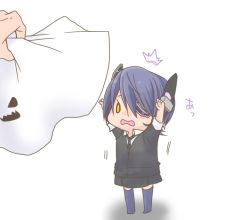 Rule 34 | 10s, 1girl, arms up, chibi, clumg, eyepatch, ghost costume, headgear, kantai collection, necktie, open mouth, personification, purple hair, short hair, solo, solo focus, tenryuu (kancolle), thighhighs, yellow eyes, aged down