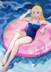 Rule 34 | 1girl, absurdres, bad anatomy, bad feet, bare arms, bare legs, bare shoulders, barefoot, blonde hair, blue eyes, blue one-piece swimsuit, commentary, competition swimsuit, day, full body, highres, inflatable raft, kofune ushio, long hair, looking at viewer, one-piece swimsuit, open mouth, school swimsuit, signature, sitting, smile, solo, summertime render, swimsuit, symbol-only commentary, thighs, water, yaxiang