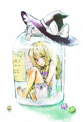 Rule 34 | 1girl, barefoot, blonde hair, bloomers, bottle, braid, candy, feet, female focus, food, hat, in bottle, in container, jar, kirisame marisa, konpeitou, lingerie, long hair, mini person, minigirl, sada noriko, soles, solo, sunata, toes, touhou, underwear, witch, witch hat, yellow eyes
