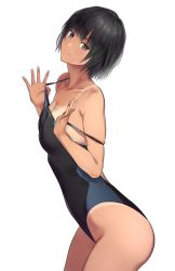 Rule 34 | 1girl, amagami, black eyes, black hair, black one-piece swimsuit, bob cut, clothes pull, commentary request, competition swimsuit, cowboy shot, looking at viewer, nanasaki ai, one-piece swimsuit, one-piece swimsuit pull, one-piece tan, serizawa (serizawaroom), short hair, simple background, smile, solo, standing, swimsuit, tan, tanline, white background