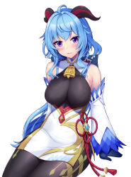Rule 34 | 1girl, absurdres, ahoge, arm support, bare shoulders, black gloves, blue hair, blush, bodystocking, commentary request, detached sleeves, ganyu (genshin impact), genshin impact, gloves, high-waist skirt, highres, horns, long hair, long sleeves, looking at viewer, miniskirt, partial commentary, purple eyes, simple background, sitting, skirt, smile, solo, srwsrx (gp03dsrx), thighs, very long hair, white background, white skirt