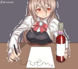 Rule 34 | 10s, 1girl, @ @, alcohol, bottle, breasts, brown hair, closed mouth, commentary request, corset, desk, fingernails, grey hair, hair between eyes, hat, heart, holding, holding bottle, holding pen, kantai collection, large breasts, lock, long hair, long sleeves, misumi (niku-kyu), motion lines, neck ribbon, one-hour drawing challenge, orange eyes, paper, pen, pola (kancolle), red ribbon, ribbon, shadow, shirt, solo, star (symbol), thick eyebrows, trembling, twitter username, upper body, wavy hair, white shirt, wing collar, writing
