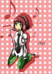 Rule 34 | 10s, 1girl, amputee, armless amputee, digital media player, double amputee, female focus, full body, green eyes, headphones, ipod, katawa shoujo, mouth hold, musical note, necktie, olly (ollycrescent), red hair, sandals, school uniform, solo, tezuka rin, uniform