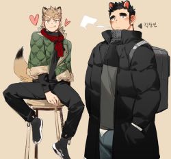 Rule 34 | 2boys, :q, animal ears, backpack, bag, bara, black coat, black hair, black pants, blush, coat, dog boy, dog ears, dog tail, feet out of frame, gondom, heart, light brown hair, long sideburns, looking at viewer, male focus, multiple boys, muscular, muscular male, open clothes, open coat, original, pants, red scarf, scarf, shoes, short hair, sideburns, sitting, sneakers, tail, thick eyebrows, tongue, tongue out, translation request, winter clothes