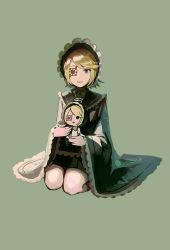 Rule 34 | 1girl, black skirt, blonde hair, blue eyes, bonnet, bow, character doll, doll, hugging doll, eyepatch, flipped hair, frills, green background, green theme, highres, holding, holding doll, japanese clothes, kagamine rin, kneeling, long sleeves, ni no sakura kouchou (module), nunosei, hugging object, one eye covered, parted bangs, parted lips, pleated skirt, project diva (series), senbon-zakura (vocaloid), simple background, skirt, solo, vocaloid, wide sleeves