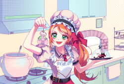 1girl animal belt blanca_(sugar_sugar_rune) bow chef_hat chocolat_meilleure commentary duke_(sugar_sugar_rune) frog green_eyes hair_bow hashtag-only_commentary hat highres holding holding_plate ldh_chuu_u mouse_(animal) open_mouth orange_hair plate pointy_ears ponytail puffy_short_sleeves puffy_sleeves red_bow short_sleeves smile sugar_sugar_rune swept_bangs symbol-only_commentary upper_body