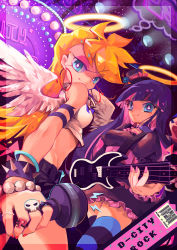 Rule 34 | 10s, 2girls, bad id, bad pixiv id, blue eyes, dress, earrings, guitar, halo, hat, highres, instrument, jewelry, long hair, microphone, multicolored hair, multiple girls, panty &amp; stocking with garterbelt, panty (psg), rye-beer, ryebeer, short dress, siblings, sisters, spikes, stocking (psg), striped clothes, striped legwear, striped thighhighs, thighhighs, two-tone hair, wristband