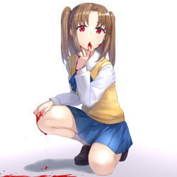 Rule 34 | 1girl, absurdres, apo (apos2721), blood, blood from mouth, blood on face, blood on hands, blue ribbon, blue skirt, brown hair, commentary request, hand on own face, highres, long hair, long sleeves, looking at viewer, miniskirt, neck ribbon, on one knee, parted bangs, red eyes, revision, ribbon, school swimsuit, shadow, shirt, simple background, skirt, slit pupils, solo, sweater, sweater vest, swimsuit, tsukihime, two side up, uniform, vampire, white background, white shirt, wing collar, yellow sweater, yumizuka satsuki