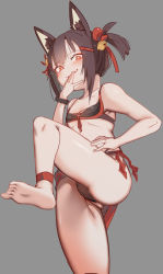 Rule 34 | 1girl, :d, akagi-chan (azur lane), animal ears, ass, at2., azur lane, bare shoulders, barefoot, bell, bikini, black bikini, black hair, blush, contrapposto, fang, from below, grey background, hair bell, hair ornament, highres, looking at viewer, open mouth, red eyes, simple background, smile, solo, swimsuit