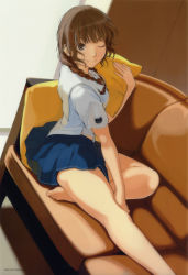 Rule 34 | &gt;;), 1girl, ;), absurdres, bare legs, barefoot, braid, brown hair, couch, dutch angle, feet, female focus, hand on thigh, highres, kimi kiss, legs, light smile, long hair, looking at viewer, mizusawa mao, hugging object, official art, one eye closed, pillow, pillow hug, plaid, plaid skirt, ringed eyes, scan, school uniform, serafuku, sitting, skirt, smile, solo, takayama kisai, toes, twin braids, v-shaped eyebrows, wink