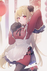 Rule 34 | 1girl, animal hands, apron, black gloves, black pantyhose, blonde hair, braid, breasts, bun cover, china dress, chinese clothes, commentary request, copyright request, double bun, dress, fang, frilled apron, frills, gloves, hair bun, highres, lantern, long hair, long sleeves, medium breasts, official art, pantyhose, paper lantern, parted lips, paw gloves, red dress, red eyes, sleeves past fingers, sleeves past wrists, solo, standing, standing on one leg, suzumori uina, very long hair, virtual youtuber, white apron