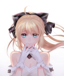 Rule 34 | ahoge, ai (blacktea milk), artoria pendragon (all), artoria pendragon (fate), bare shoulders, black ribbon, blonde hair, blue eyes, breasts, cleavage, detached collar, detached sleeves, fate/grand order, fate (series), gloves, hair between eyes, hair ribbon, highres, long hair, ribbon, saber lily, small breasts, smile, solo, white gloves