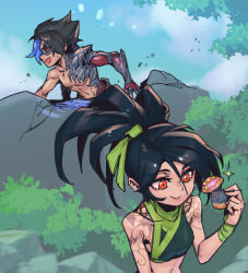 Rule 34 | 1boy, 1girl, :d, akali, bare shoulders, black hair, blue hair, closed mouth, crop top, day, green ribbon, hair ribbon, happy, holding, kayn (league of legends), league of legends, multicolored hair, navel, open mouth, orange eyes, outdoors, phantom ix row, ponytali, ribbon, shoulder tattoo, single bare shoulder, single shoulder pad, smile, sparkle, tattoo, two-tone hair