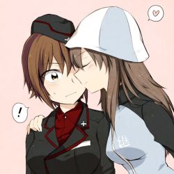 Rule 34 | !, 2girls, aimai (luckyfive), arm around shoulder, bad id, bad twitter id, black headwear, black jacket, blue headwear, blue jacket, blush, brown eyes, brown hair, closed mouth, commentary, dress shirt, emblem, frown, garrison cap, girls und panzer, hat, heart, imminent kiss, insignia, jacket, keizoku military uniform, kuromorimine military uniform, light blush, long sleeves, looking at another, mika (girls und panzer), military, military hat, military uniform, multiple girls, nishizumi maho, pink background, raglan sleeves, red shirt, shirt, short hair, smile, spoken exclamation mark, spoken heart, sweatdrop, track jacket, uniform, wing collar, yuri