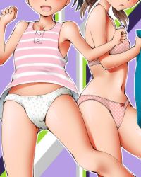 Rule 34 | 2girls, :d, :o, armpits, bare shoulders, black hair, blush, bow, bow panties, bra, breasts, brown hair, buttons, clenched hands, cowboy shot, dr rex, freckles, from side, hands up, head out of frame, holding, horaki hikari, horaki nozomi, lace, lace-trimmed bra, lace-trimmed panties, lace trim, legs apart, looking at viewer, looking back, low twintails, midriff peek, multiple girls, navel, neon genesis evangelion, open mouth, outline, panties, pink bra, pink panties, polka dot, polka dot bra, polka dot panties, print bra, print panties, short hair, short twintails, siblings, sisters, small breasts, smile, standing, striped, tank top, translation request, twintails, underwear, underwear only, white panties
