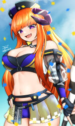 Rule 34 | 1girl, :d, absurdres, arknights, bagpipe (arknights), bagpipe (queen no. 1) (arknights), bare shoulders, black gloves, blue shorts, blush, breasts, cleavage, commentary request, cowboy shot, crop top, fingerless gloves, gloves, hat, highres, horns, large breasts, long hair, looking at viewer, midriff, navel, official alternate costume, open mouth, orange hair, purple eyes, short shorts, shorts, sigumaster35, smile, solo, standing, stomach, very long hair