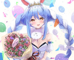Rule 34 | 1girl, :d, absurdres, amefukura art, animal ear fluff, balloon, birthday, blue hair, blush, bouquet, braid, breasts, cleavage, commentary request, eyebrows hidden by hair, flower, food-themed hair ornament, hair between eyes, hair ornament, happy birthday, highres, holding, holding bouquet, hololive, looking at viewer, open mouth, rabbit girl, red flower, rose, sidelocks, simple background, small breasts, smile, solo, twin braids, twintails, upper body, usada pekora, usada pekora (1st costume), virtual youtuber, white background