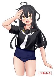 Rule 34 | 1girl, ahoge, artist name, black hair, black sailor collar, black shirt, blue one-piece swimsuit, cowboy shot, crescent, crescent pin, gluteal fold, highres, ishida arata, kantai collection, long hair, looking at viewer, mikazuki (kancolle), neckerchief, one-piece swimsuit, open mouth, sailor collar, salute, school swimsuit, shirt, short sleeves, simple background, smile, solo, swimsuit, swimsuit under clothes, white background, yellow eyes, yellow neckerchief